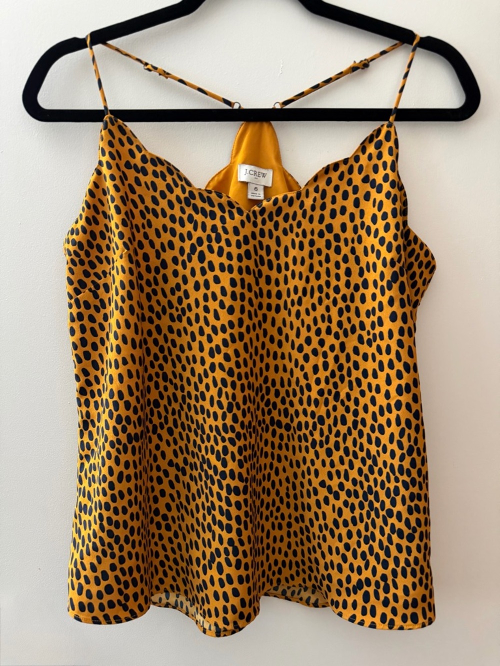 J. Crew Mustard Yellow Satin Cami with Black Dot Print